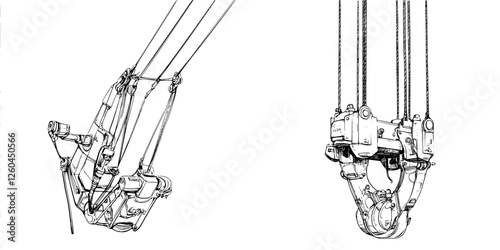 Hand-drawn vector illustration of heavy machinery components with intricate cable details and mechanical design