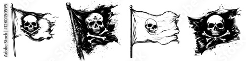 Vector illustration of hand-drawn pirate flags with skull and crossbones designs in a dramatic, dynamic style