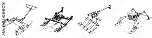 Vector illustration of hand-drawn agricultural machinery in a field setting depicting various implements for soil cultivation and farming tasks