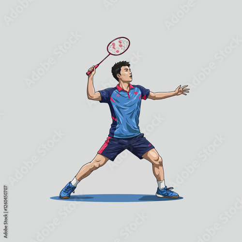 Badminton Player Serving with Racket in Action Sports Illustration