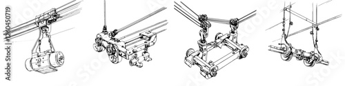 Vector illustration showcasing hand-drawn designs of various mechanical assemblies and components used in engineering applications