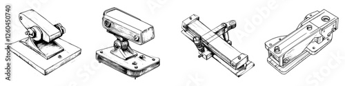Hand-drawn vector illustration of various mechanical clamps and fixtures used in woodworking and metalworking activities