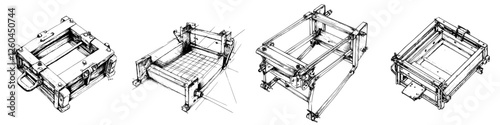 Hand-drawn vector illustration of a multi-functional design showcasing modular frames and structures for various uses