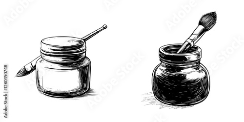 Artistic tools in a hand-drawn vector style showcasing paint jars and brushes for creative expression