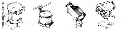 Hand-drawn vector illustration of vintage kitchen appliances showcasing food preparation tools from an earlier era