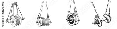 Detailed hand-drawn vector illustration of various pulley systems showcasing different designs and mechanisms in use