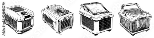 Detailed hand-drawn vector illustration of various styles of pet carriers for travel and transport