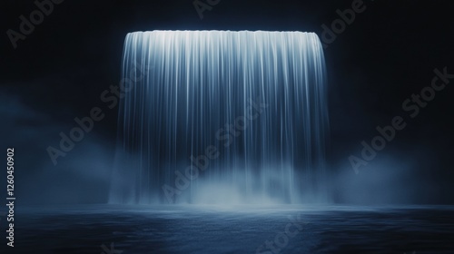 Photograph of a waterfall at night. the waterfall is in the center of the image, with the water cascading down from the top to the bottom.
