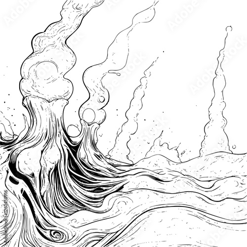 Vector illustration of swirling smoke in hand-drawn style depicting a mystical landscape at dawn