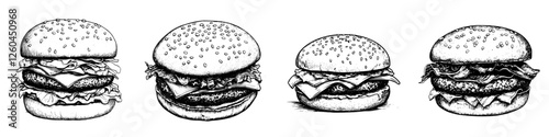 Delicious hand-drawn vector illustration of various gourmet burgers with fresh ingredients and unique toppings
