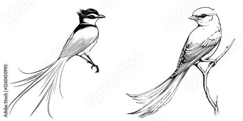 Intricate hand-drawn vector illustration of two elegant birds perched on branches, showcasing unique features and detailed feathers