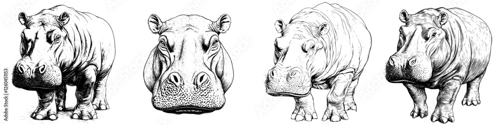 Fototapeta premium Hand-drawn vector illustration showcasing a series of hippo poses in a whimsical style