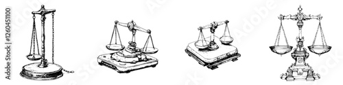 Elegant hand-drawn vector illustration of various scales symbolizing justice and balance in a serene composition