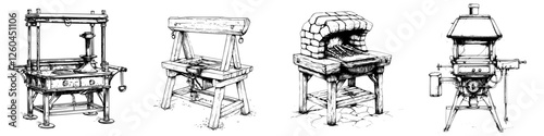 Vector illustration of traditional woodworking tools in hand-drawn style showing various workstations for crafting