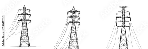 Vector illustration of hand-drawn power transmission towers in a minimalist style
