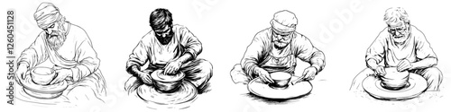Four artisans skillfully crafting pottery on wheels in a traditional workshop setting