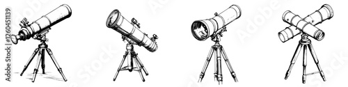 Hand-drawn vector illustration of telescopes in various designs on tripods suitable for astronomy enthusiasts