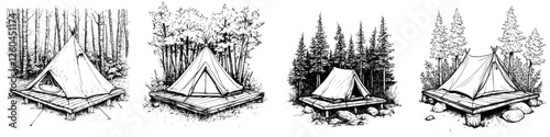 Hand-drawn vector illustration of various camping tents in forest settings showcasing outdoor adventure