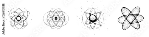 Vector illustration of hand-drawn atomic structures showcasing various styles and designs with abstract patterns