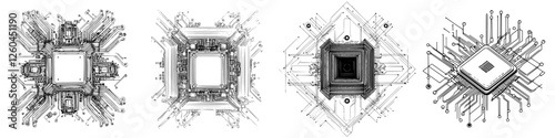 Decorative hand-drawn vector illustrations of computer chips showcasing intricate electronic designs and circuits