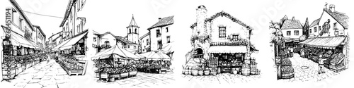 Charming hand-drawn vector illustration of a bustling market street with vendors and quaint shops