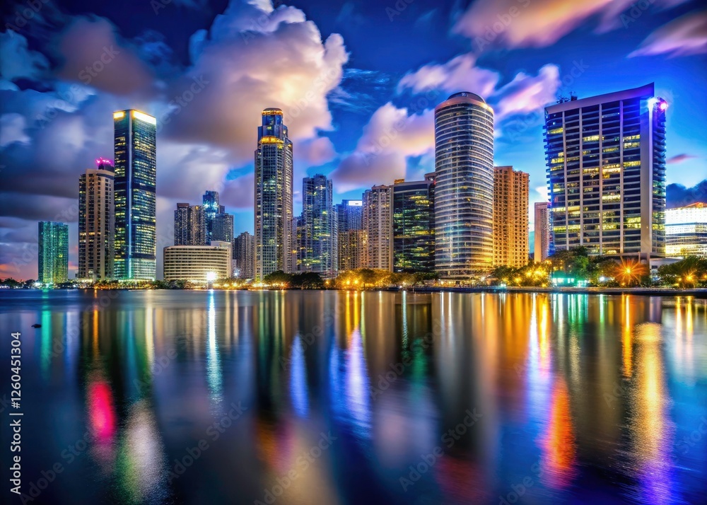 Fototapeta premium Stunning Miami nightscape: breathtaking skyline, vibrant city lights illuminating Florida's iconic architecture.