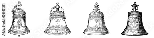 Detailed hand-drawn vector illustration of ornate bells showcasing varying designs and styles in a charming arrangement
