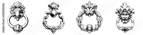Hand-drawn vector illustration of classic door knockers in ornate designs showcasing intricate details and craftsmanship