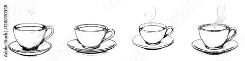 Hand-drawn vector illustration of steaming coffee cups on saucers in various orientations depicting morning coffee moments