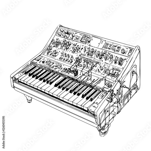 Intricate hand-drawn vector illustration of a vintage synthesizer in a music studio setting