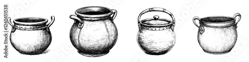 Detailed hand-drawn vector illustration of assorted pottery jars showcasing unique shapes and textures in a creative design