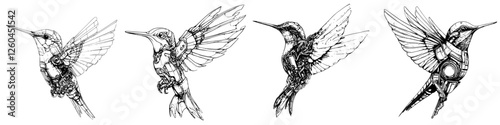 Vector illustration of elegant hummingbirds in a hand-drawn style showcasing intricate designs and details on their feathers and bodies