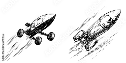 Dynamic vector illustration of hand-drawn rockets in motion with wheels and jet propulsion