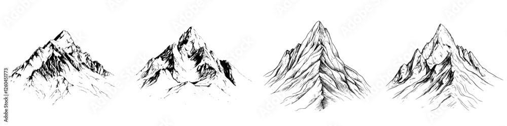 Hand-drawn vector illustration of majestic mountains showcasing different perspectives and textures in a natural landscape Hand-drawn vector illustration of majestic mountains showcasing different perspectives and textures in a natural landscape