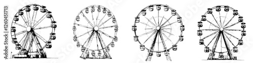 Vector illustration of a hand-drawn ferris wheel showcasing its structure from multiple angles at a carnival setting