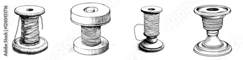 Hand-drawn vector illustration of various sewing spools arranged in an aesthetic layout for creative projects and design