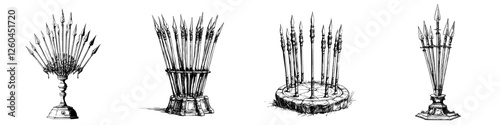 Vector illustration of decorative spear displays in hand-drawn style showcasing unique designs and arrangements