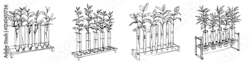 Hand-drawn vector illustration of plants growing in test tubes on a lab stand