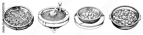 Detailed vector illustration of mining equipment showcasing various stages of processing stones and minerals