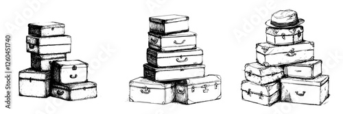 Hand-drawn vector illustration of stacked vintage travel trunks with a hat on top in a whimsical style