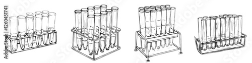 Hand-drawn vector illustration of laboratory test tubes arranged in various racks for scientific experimentation and analysis
