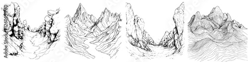 Hand-drawn vector illustration of abstract mountain landscapes showcasing various terrains and textures