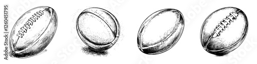 Vector illustration featuring hand-drawn rugby balls in various styles and positions