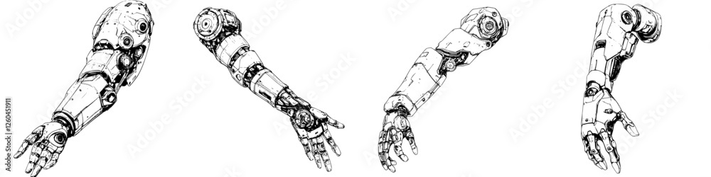 Vector illustration of futuristic robotic arms in various positions showcasing human-like dexterity and engineering design Vector illustration of futuristic robotic arms in various positions showcasing human-like dexterity and engineering design