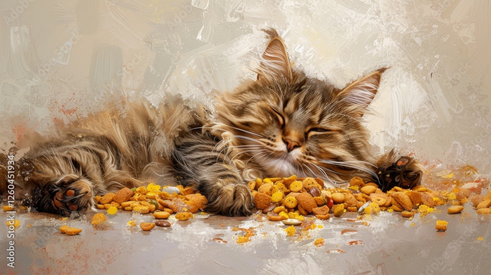 A fluffy tabby cat peacefully sleeping on scattered pet food, with an artistic touch of textured brushstrokes. Perfect for pet-themed art and cozy designs. AI generated.