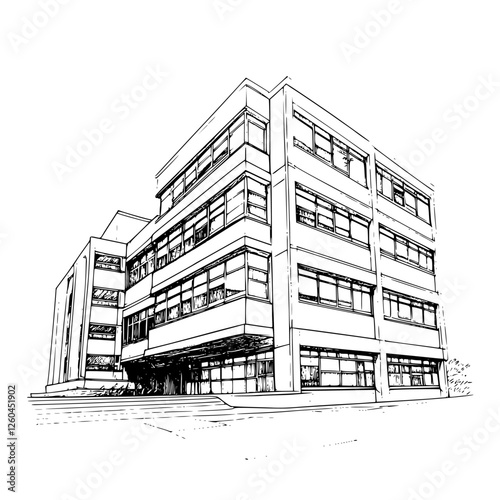 Vector illustration of a modern office building with large windows in a hand-drawn style representing contemporary architecture