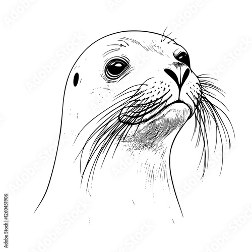 Detailed hand-drawn vector illustration of a curious seal looking up with its whiskers prominently featured