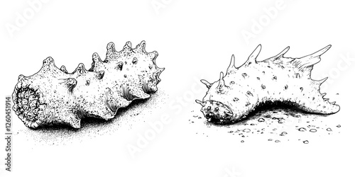 Unique hand-drawn vector illustration featuring marine creatures with spiky exteriors in a natural setting