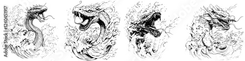 Intricate hand-drawn vector illustration of mythical sea serpents emerging from turbulent waves