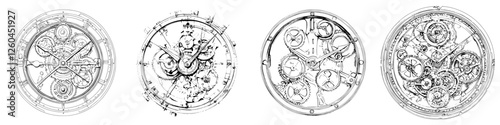 Intricate hand-drawn vector illustrations of antique clock mechanisms showcasing detailed gears and designs